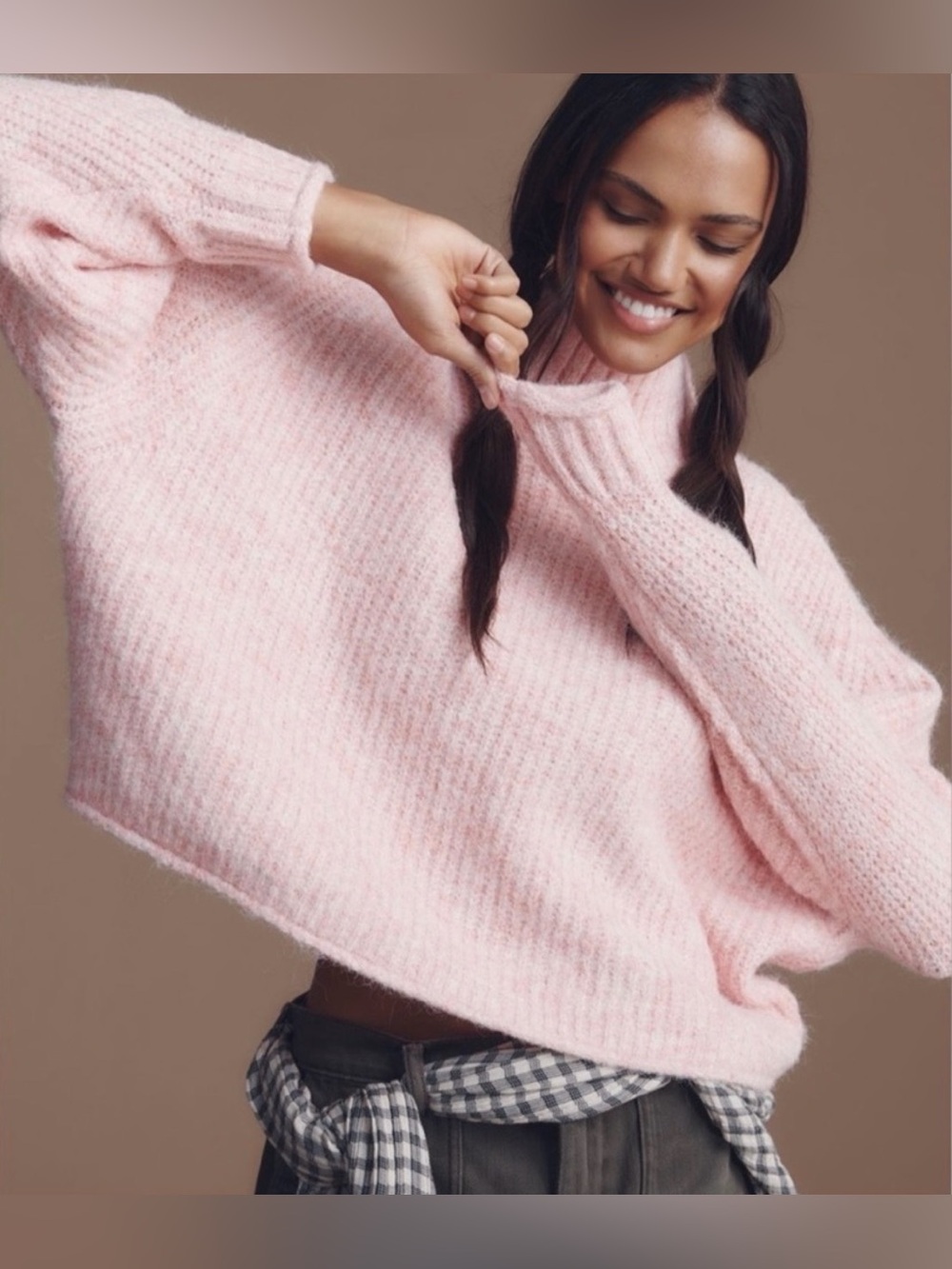 Pilcro Baby Pink Dawn Mock Neck Chunky Sweater